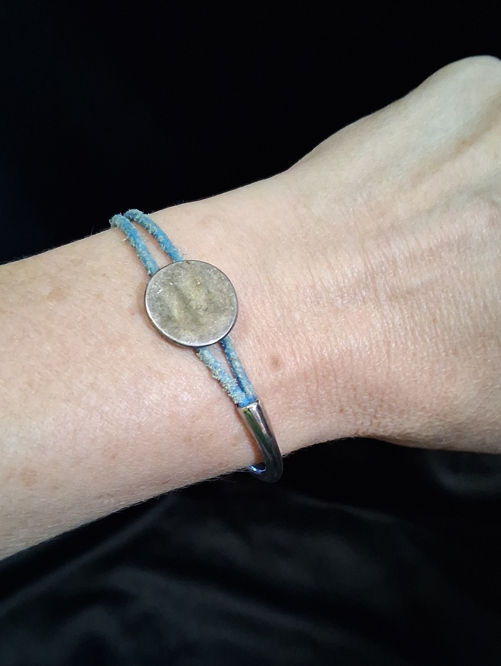 Minimal Silver Disc Bracelet with Light Blue Cord